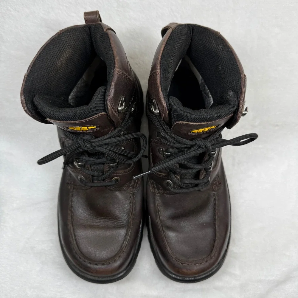 KEEN Mens 9.5 Dark Brown Leather Waterproof Moc‎ Toe Hiking Work Boots 1009250